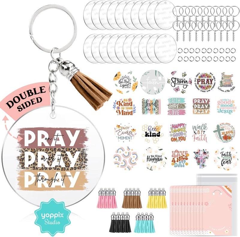 YOPPIX 140 PCS Acrylic Keychain Blank Set, Faith Double-Sided UV DTF Stickers Acrylic Keychain Making Kits for Vinyl DIY Craft Project - Image 1
